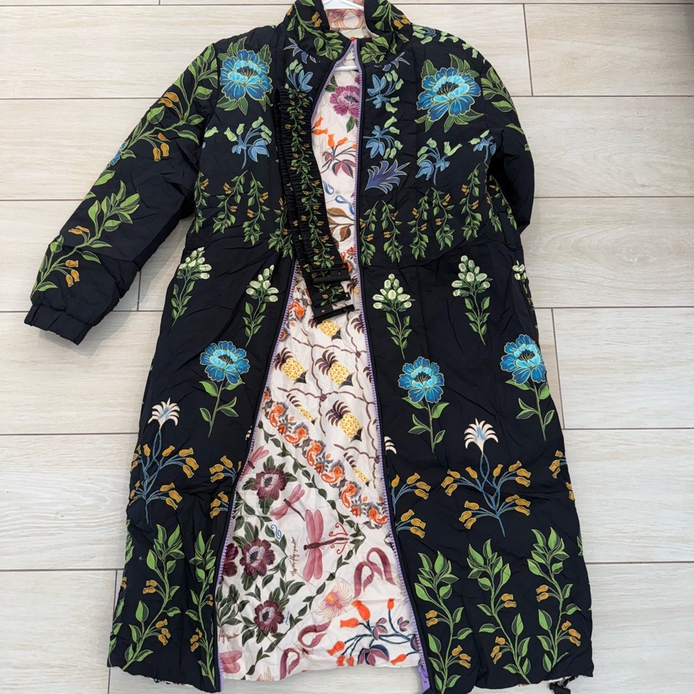 Farm Rio Black Winter Garden Reversible Maxi Puffer Jacket